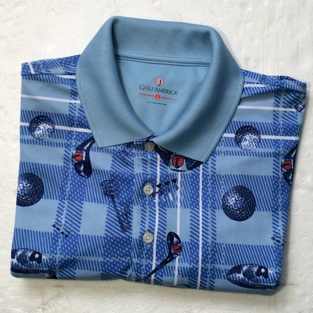Golf America Mens Polo Shirt Large Blue Plaid Short Sleeve Polyester